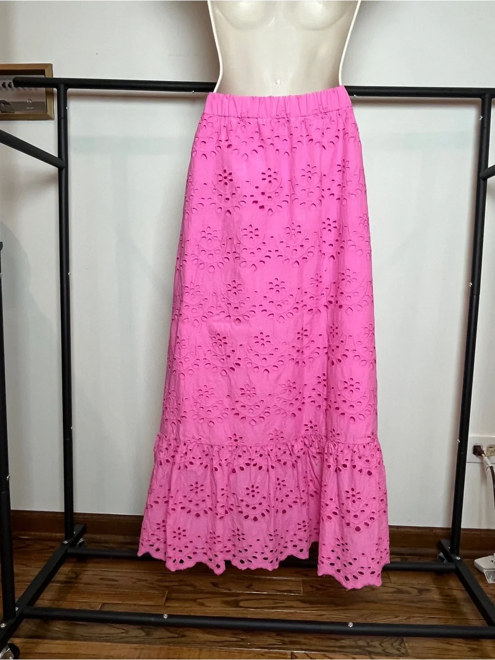 Calypso Women's Pink Eyelet Maxi Skirt Medium Fairy Cottage Preppy Summer Beach